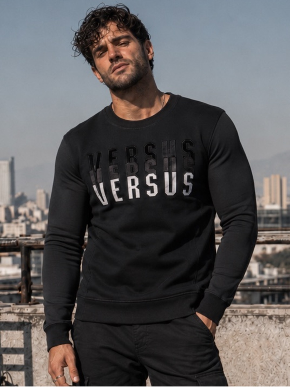 Versus Versace Layered Logo Neoprene Sleeve Sweatshirt Black Size L Slim Fit